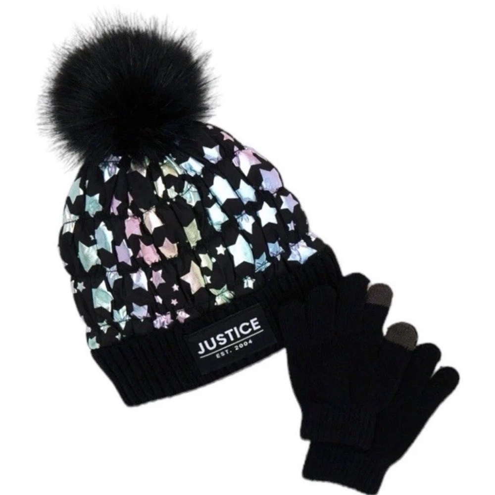 Justice Black Star Beanie and Gloves Set